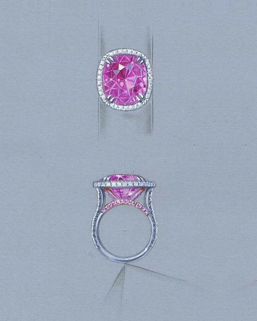 A hand drawing of a ring, seen from above and from the side